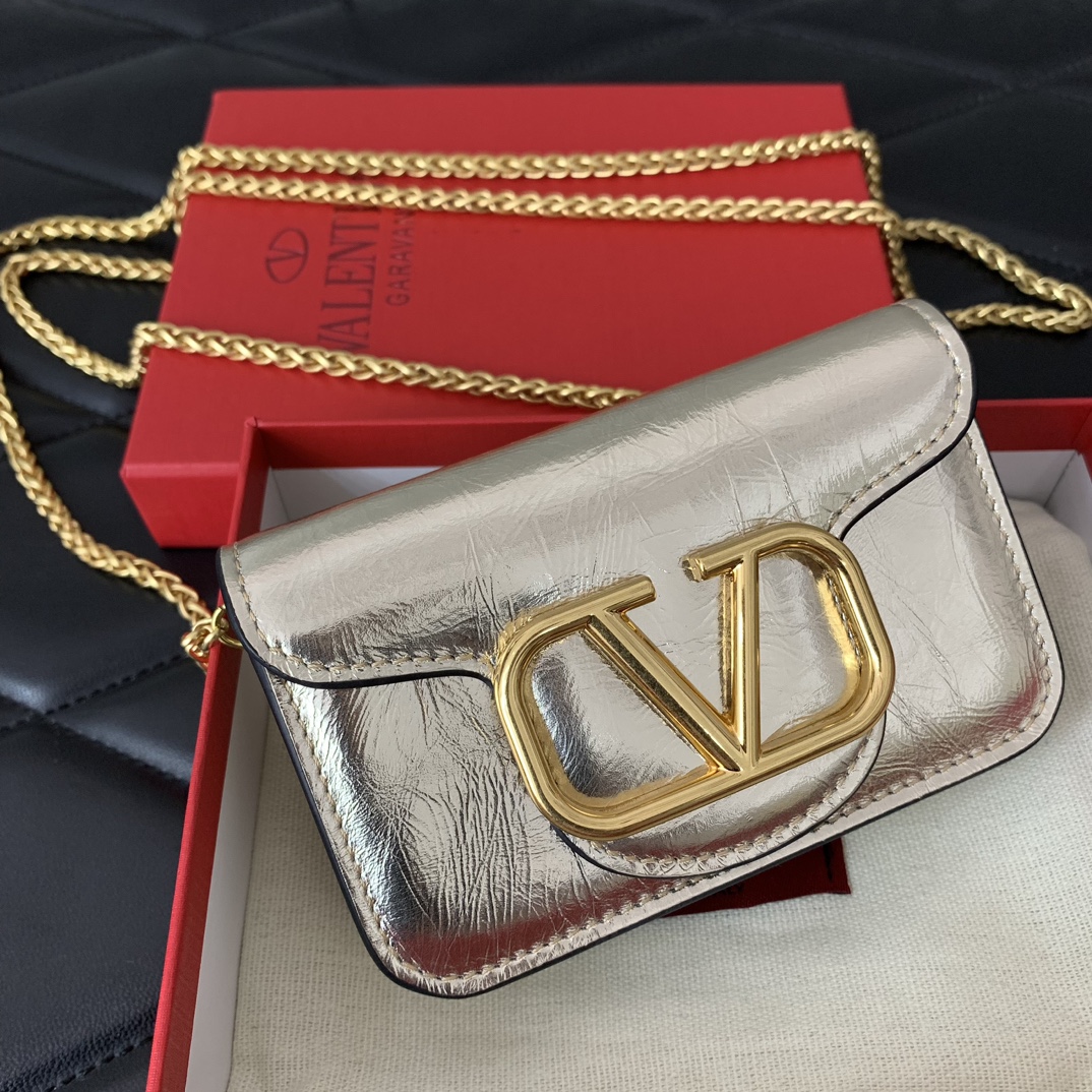 Valentino Garavani Loco Micro Bag in Gold Calfskin Leather with Chain